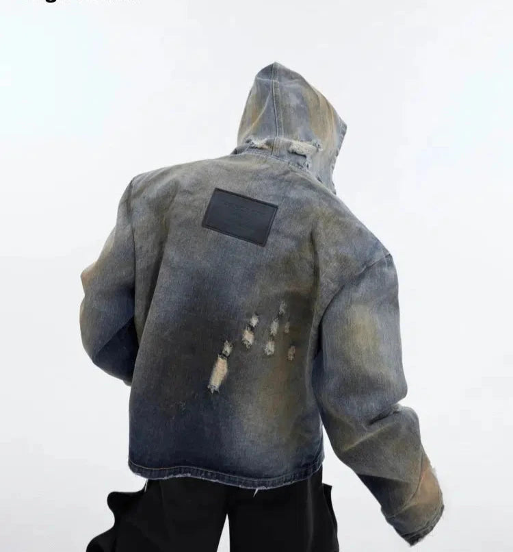 Cute Design Retro Distressed Hooded Denim Jacket