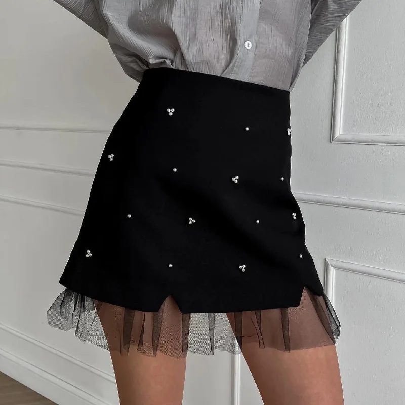 Cozy Chic Wear Ins High Waist Small Split Mesh Stitching Elegant Commuter Beaded Skirt