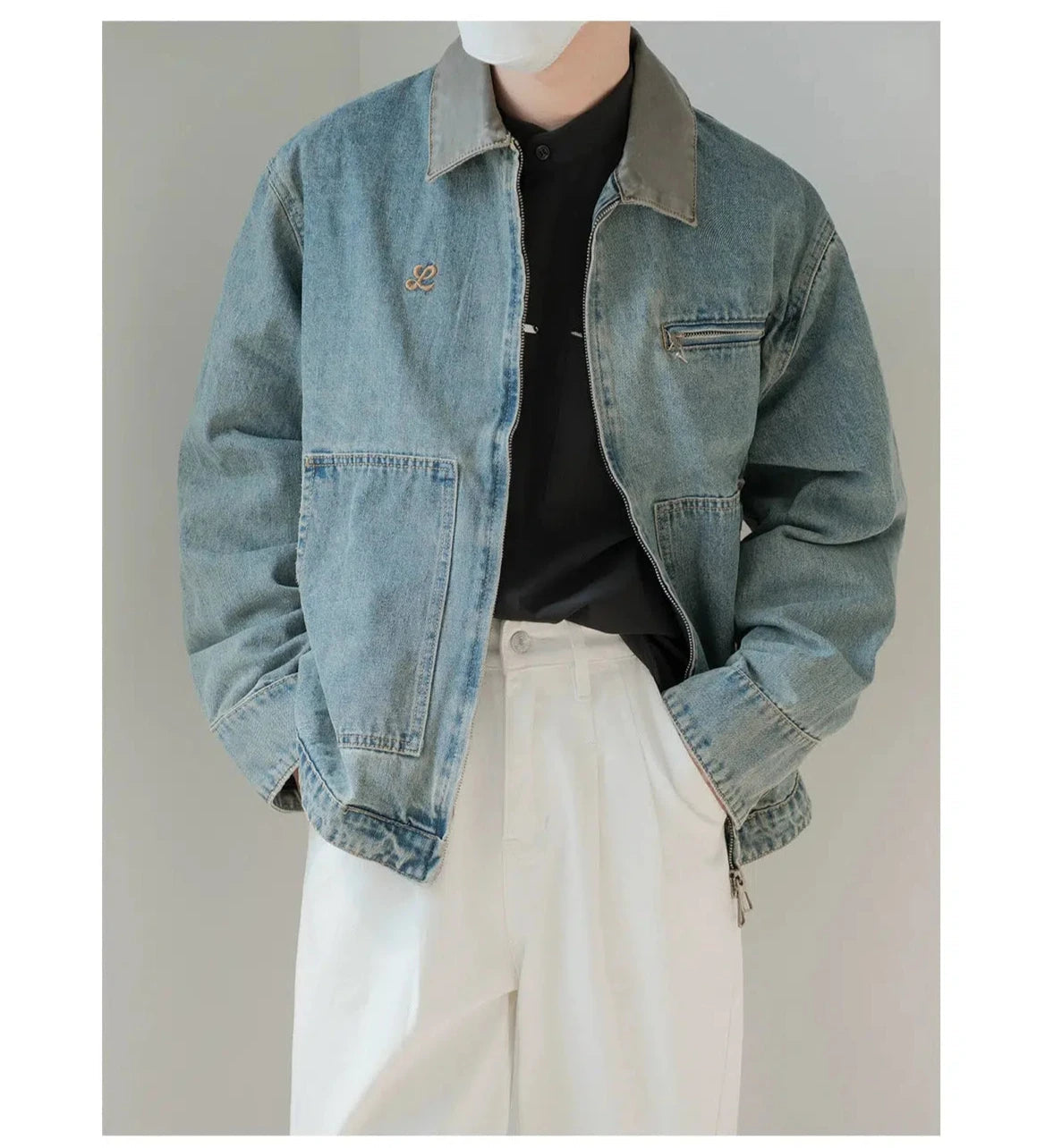 Free And Casual PU Leather Stitching Lapel Denim Jacket