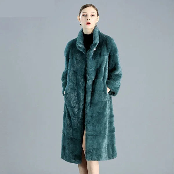 Celebrity Must-have Women's Casual Fashion Green Warm Double-faced Real Fur Long Winter Jacket