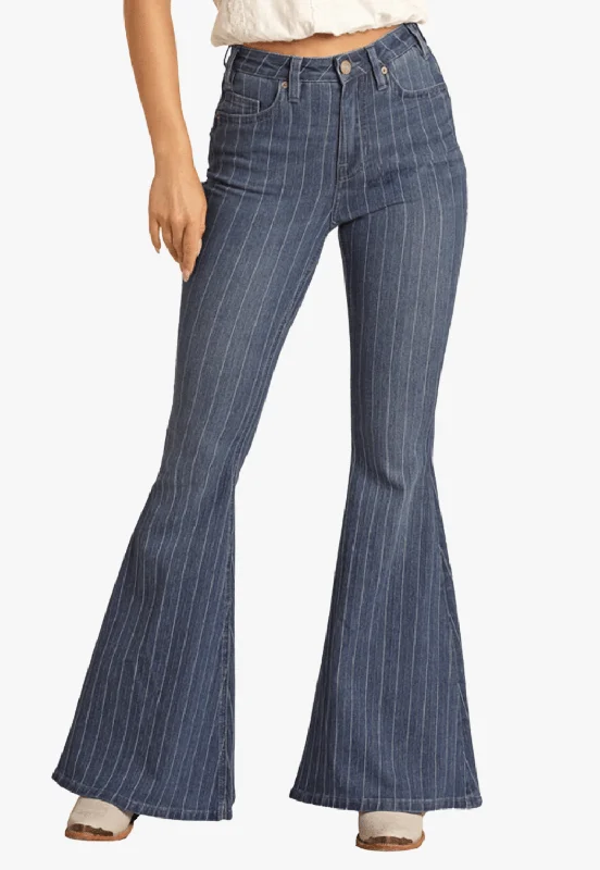 Layered Style Rock and Roll Womens High Rise Stripe Bell Bottom Jean