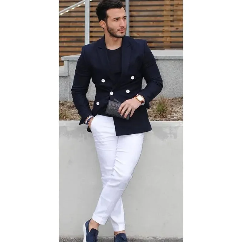 Trendy And Casual Men Blazer - Navy Blue Double-Breasted Blazer