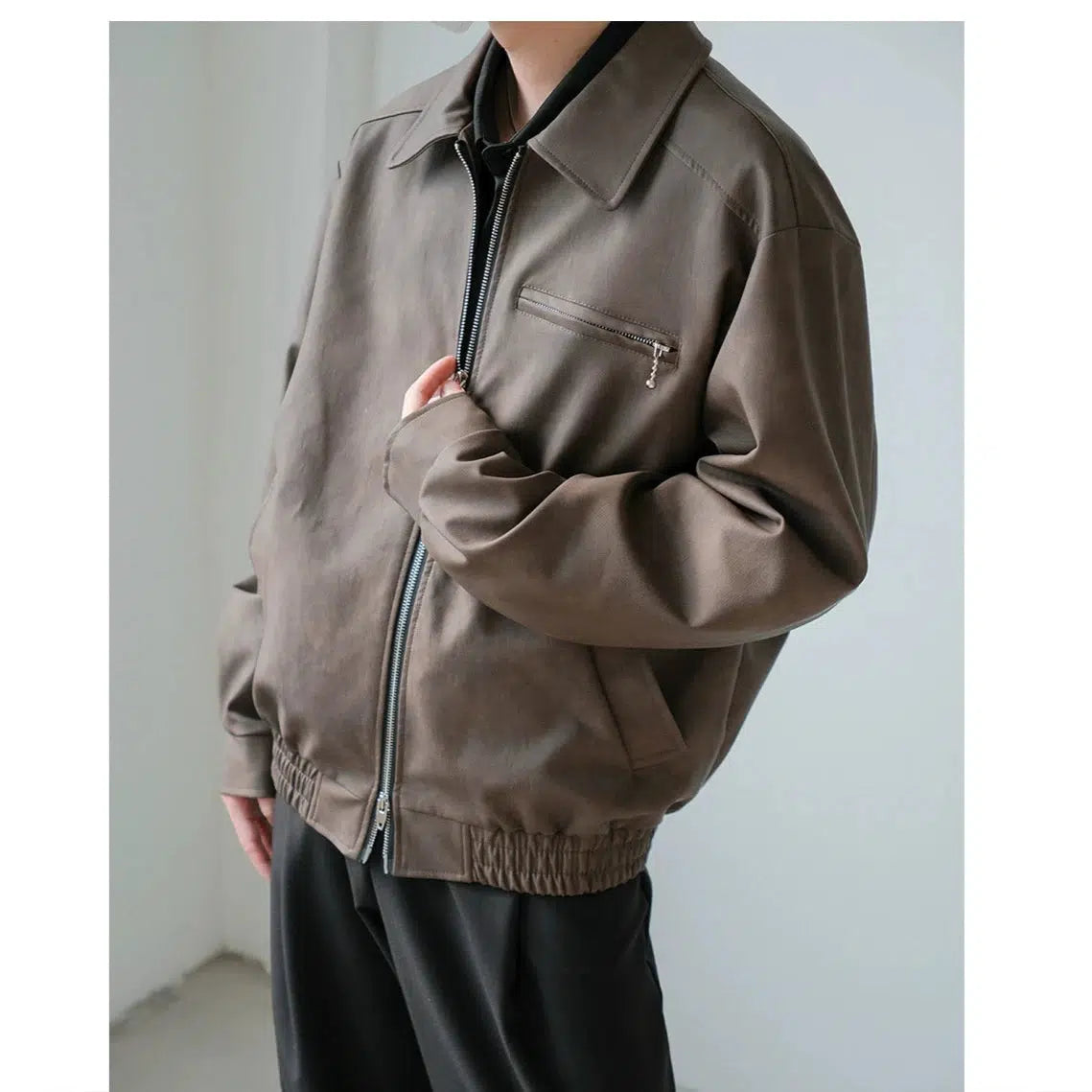 Simple Matching Pocket Zip-Up Leather Jacket