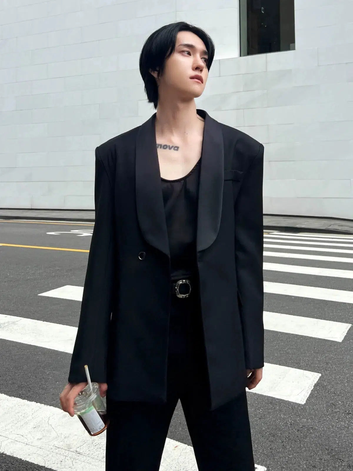 High Street Style Padded Shoulder Satin Collar Blazer
