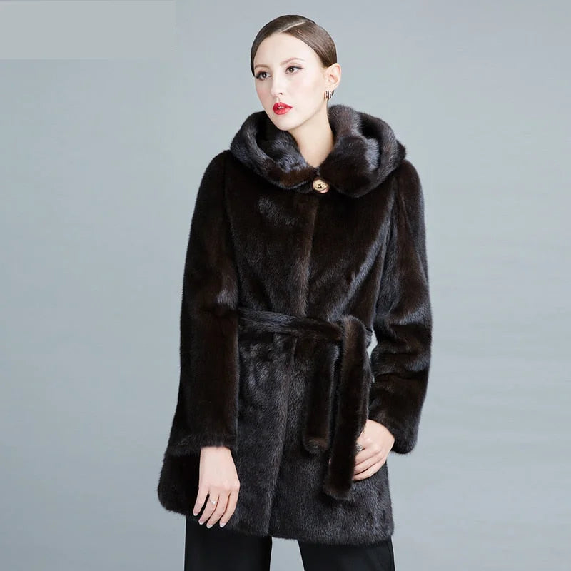 Sports Design Women's Winter Warm Natural Mink Fur Medium Length Thick Hood Jackets