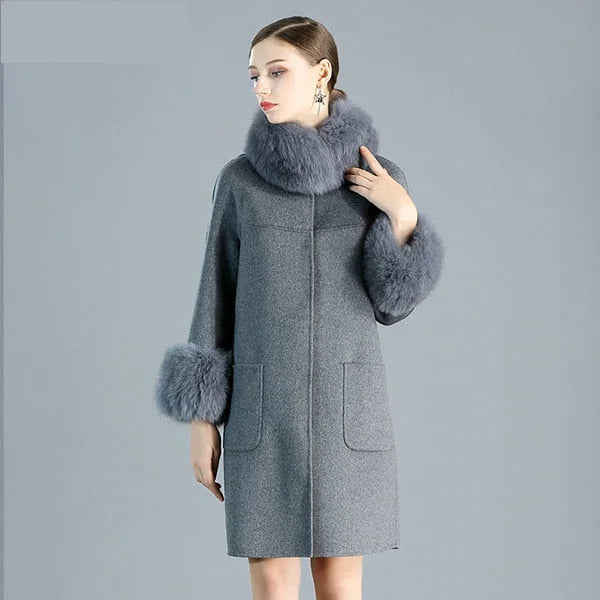 Casual And Comfortable Women's Slim Fashion Solid Cashmere Genuine Fox Fur Collar Winter Jacket
