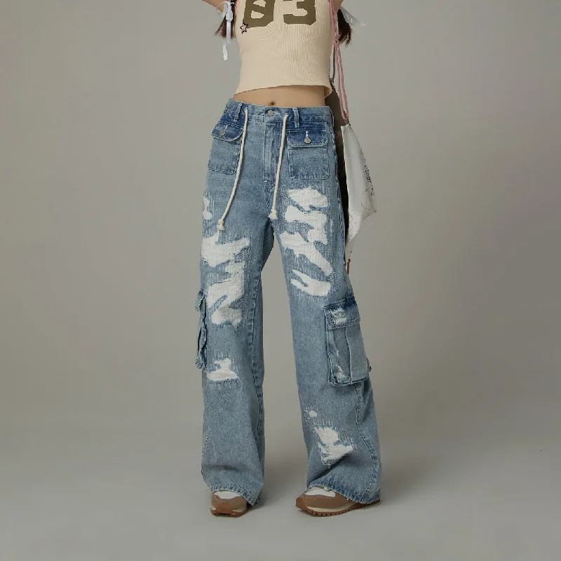 Comfy Pants String Pocket Wide Denim Jeans
