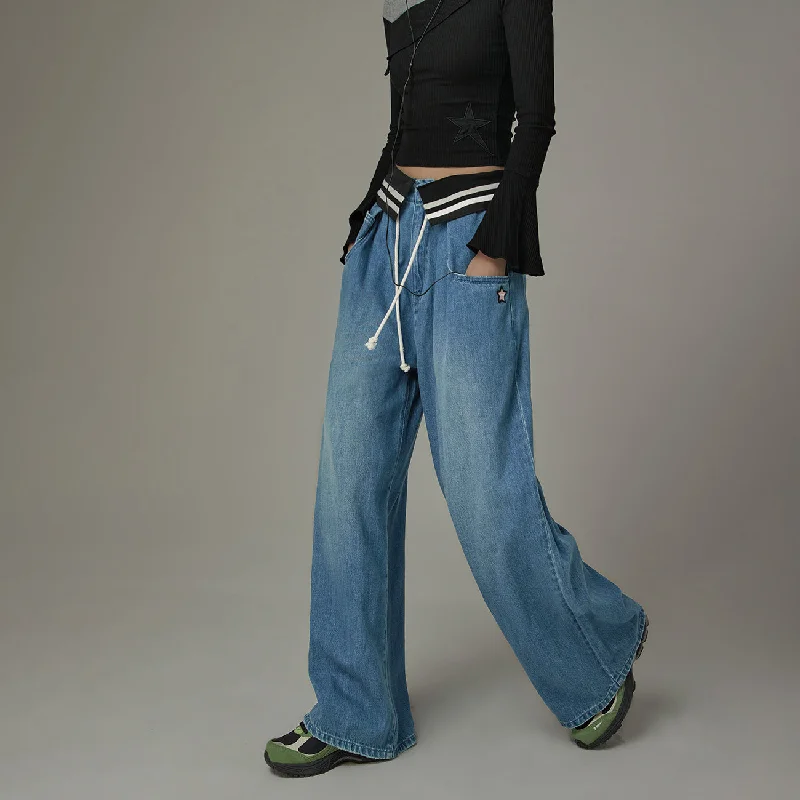 Breathable Style String Wide Denim Jeans