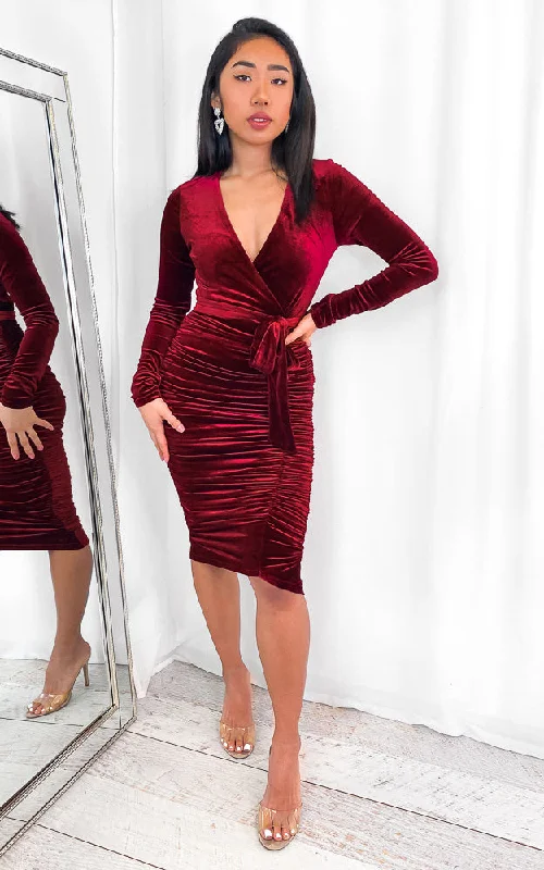 Casual Chic Wear Martini Midi Dress - Burgundy Velvet