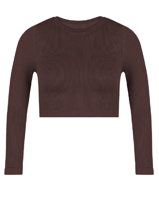Breezy Style EVOKE Ribbed Long-Sleeve Crop Top | Chocolate Brown
