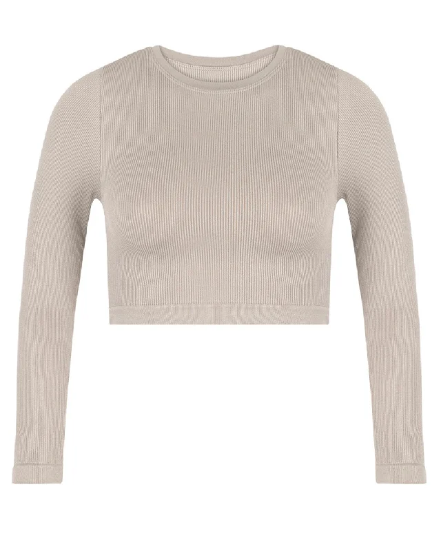 Light Layers EVOKE Ribbed Long-Sleeve Crop Top | Taupe