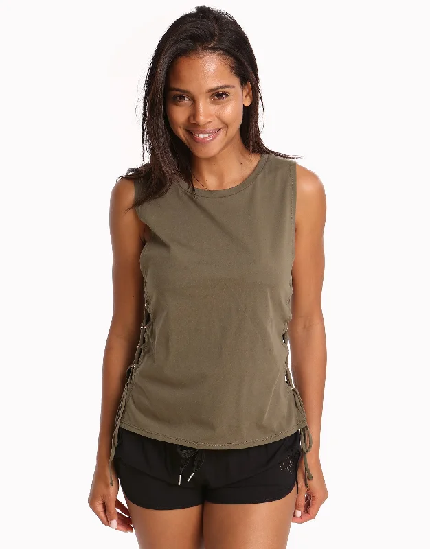 All-Day Style Active Lace Up Singlet Top - Dark Olive