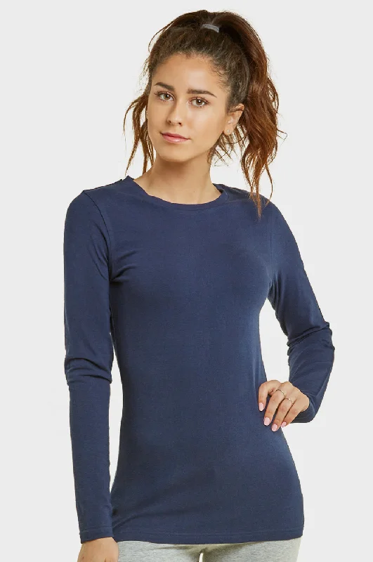 End Of The Year SOFRA LADIES LONG SLEEVE CLASSIC FIT CREW NECK T-SHIRT (TR025_NAVY)