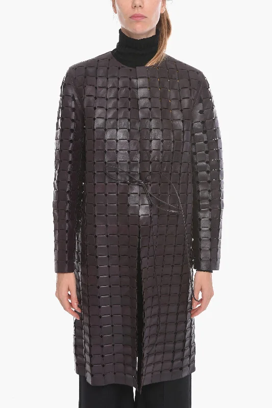 High-end Fashion Bottega Veneta Knitted Leather SATINE Coat with Drawstring