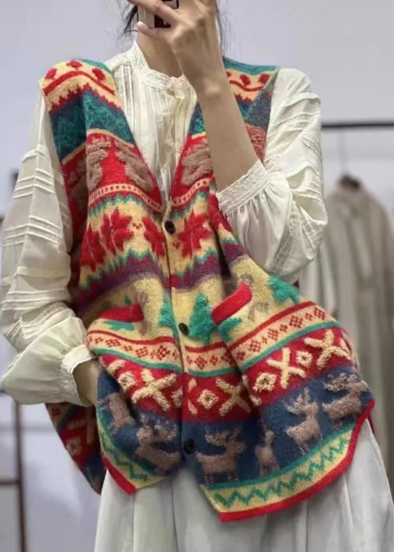 Simple Comfort Modern Red V Neck Animal Floral Button Cotton Knit Waistcoat Fall