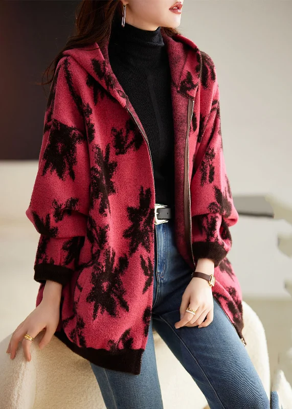 Effortless Elegance Modern Rose Print Zippered Thick Woolen Hoodies Coat Fall