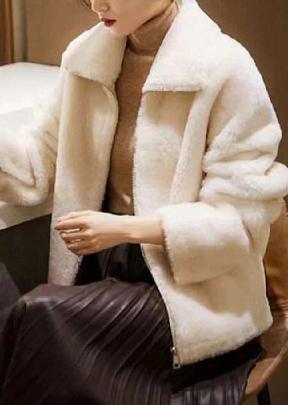 Comfy Chic Wear Modern White Peter Pan Collar Zip Up Patchwork Wool Jacket Winter