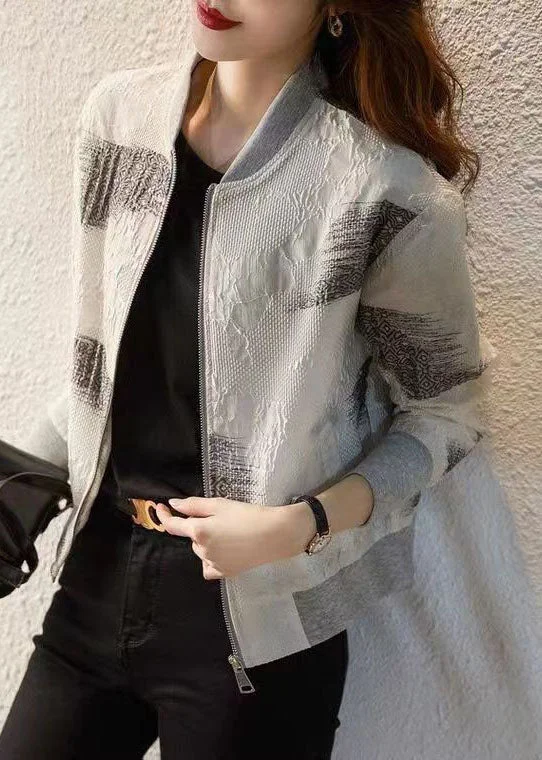 Bright Colors Modern White Zip Up Pockets Patchwork Cotton Jackets Fall