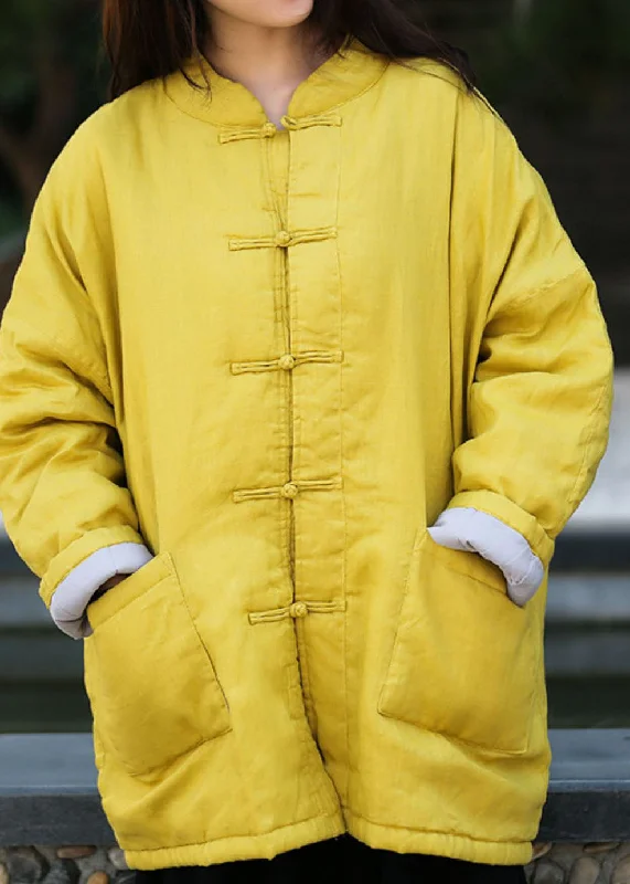 French Style Modern Yellow Stand Collar Oversized Fine Cotton Filled Coats Winter