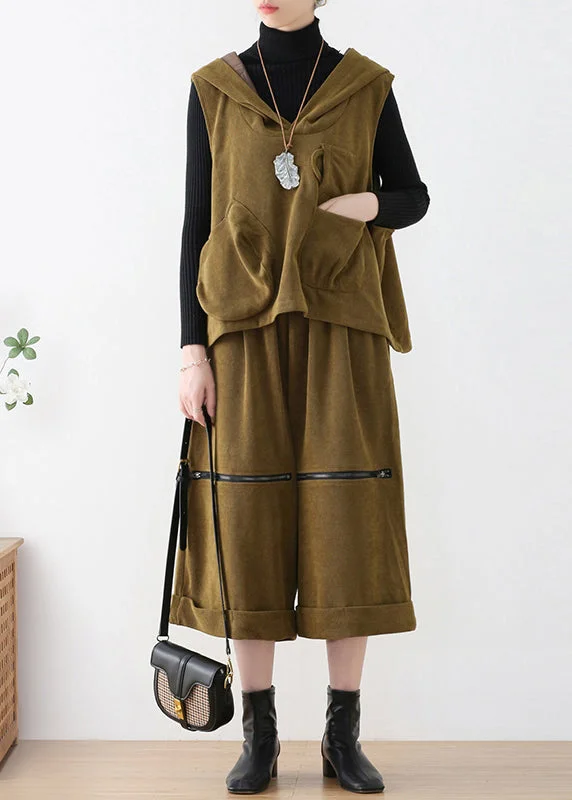 Fashion Innovation Mustard Green Velour Hooded Waistcoat And Crop Pants Two Pieces Set Fall