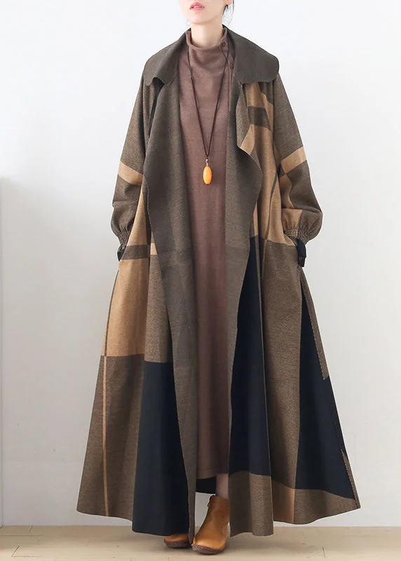 Perfect Tailoring Natural Apricot Peter Pan Collar Plaid Pockets Woolen Trench Coats Long Sleeve