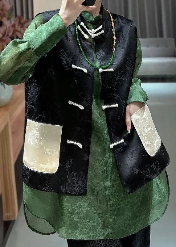 Leisure Travel Natural Black Embroideried Button Silk Waistcoat Fall