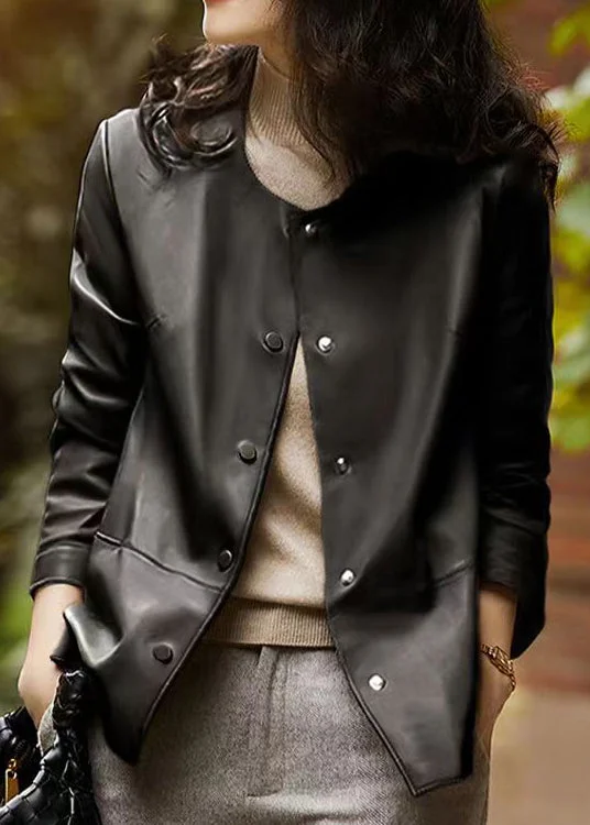 Chic Comfort Wear Natural Black O Neck Button Patchwork Sheepskin Coats Fal