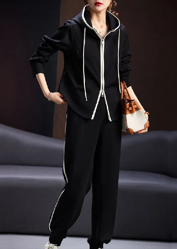 Relaxed Tops Natural Black Zippered Drawstring Patchwork Hooded Coats And Pants Two Pieces Set Long Sleeve