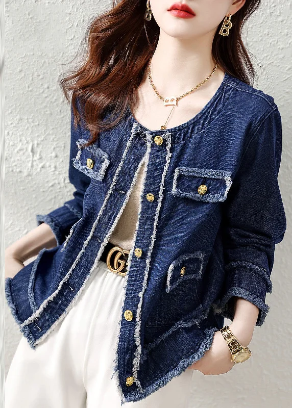 Low-key Luxury Natural Denim Blue O-Neck Patchwork Button Coat Long Sleeve