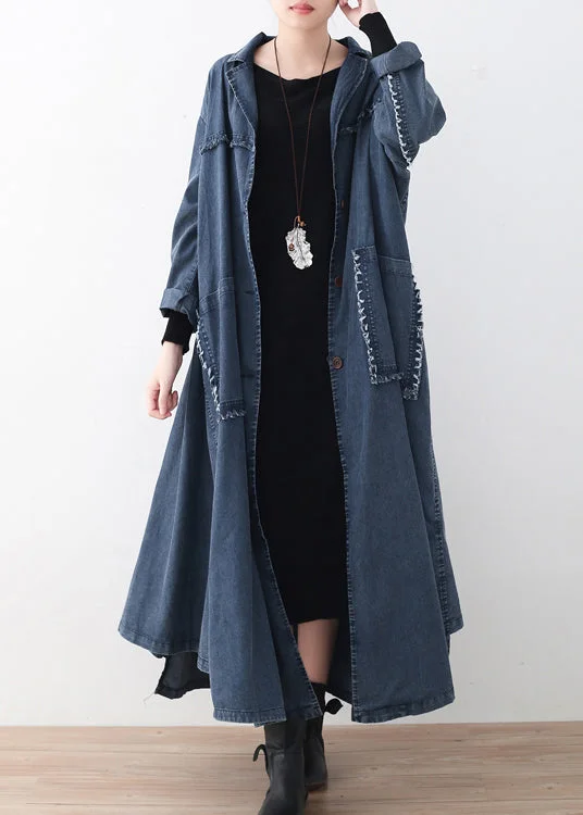 Celebrity Picks Natural Denim Blue Peter Pan Collar Patchwork Pockets Button Cotton Coats Long Sleeve