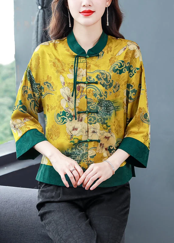 Soft And Comfortable Natural Green Print Button Cozy Silk Coats Spring