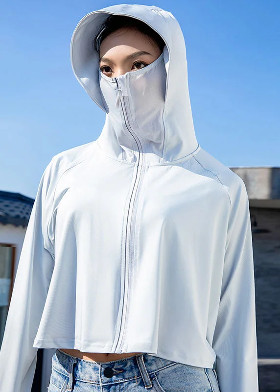 Fashion Style Natural Grey Hooded Patchwork Ice Silk UPF 50+ Coat Summer