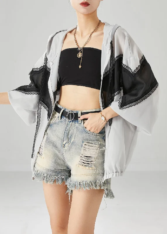 Mid-length Style Natural Grey Hooded Patchwork Lace Spandex UPF 50+ Coat Jacket Fall
