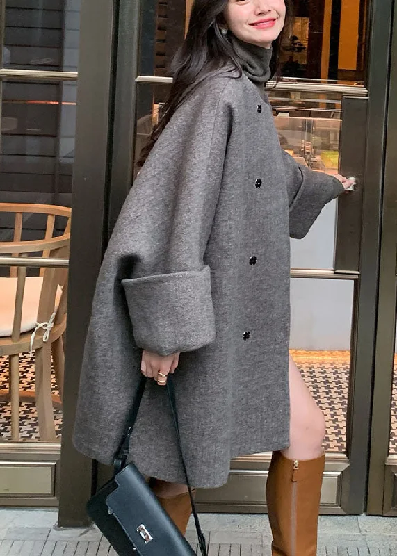 Cozy Fit Wear Natural Grey O-Neck Button Woolen Mid Coats Fall