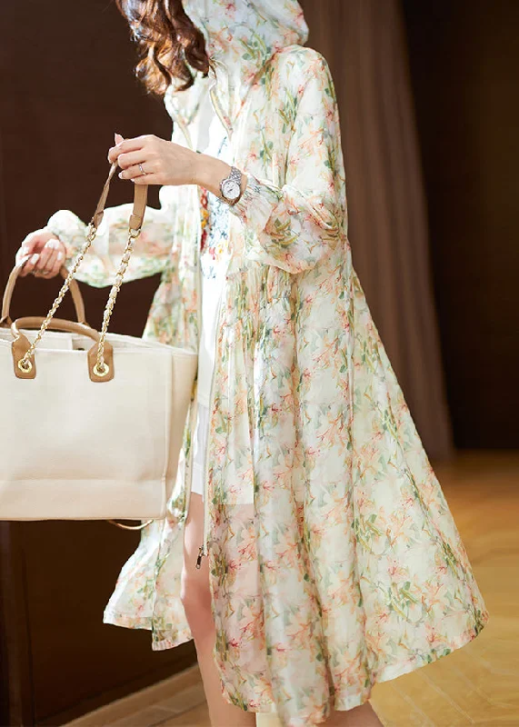 Bottom And Versatile Natural Light Green Print Chiffon Hooded UPF 50+ Coat Summer
