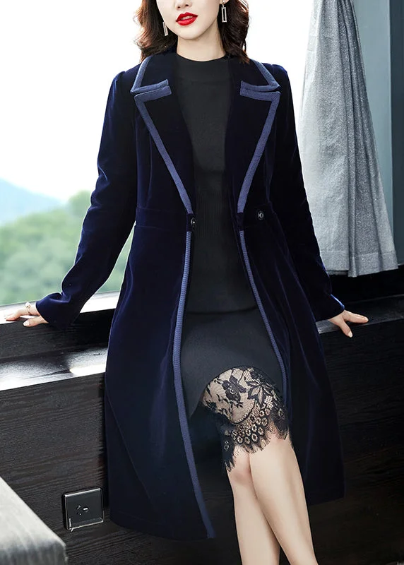 Cozy Essentials Natural Navy Peter Pan Collar Button Patchwork Velour Trench Coat Fall