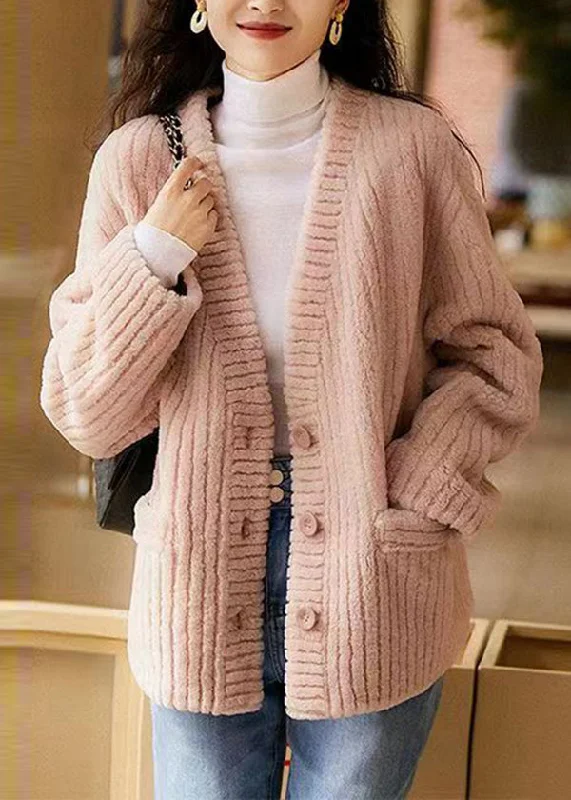 Comfortable Fitwear Natural Pink V Neck Pockets Patchwork Wool Coat Winter
