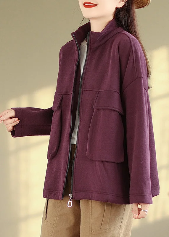 Comfort Fit Natural Purple Zip Up Pockets Patchwork Warm Fleece Jackets Fall
