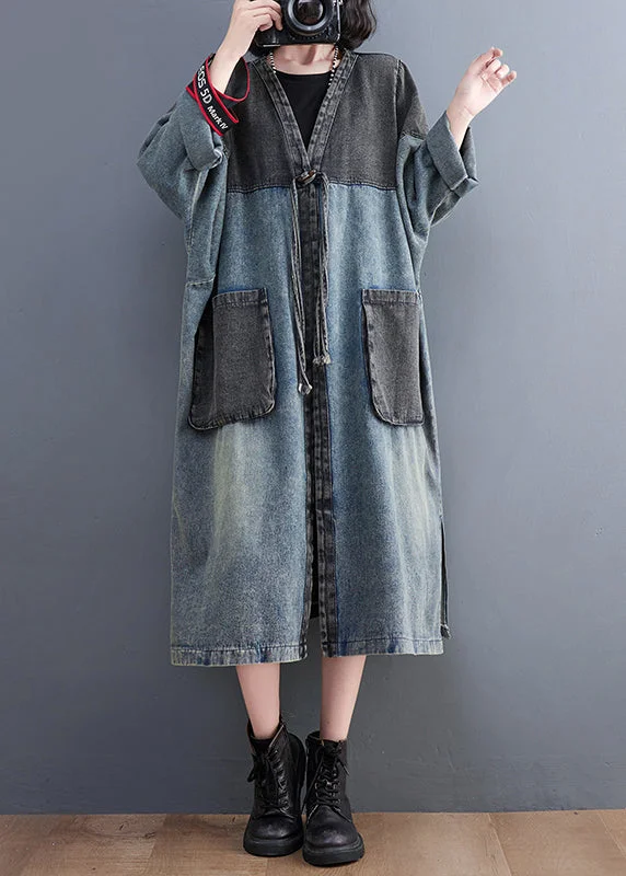 Sports Cool Natural V Neck Patchwork Pockets Denim Maxi Trench Coat Fall