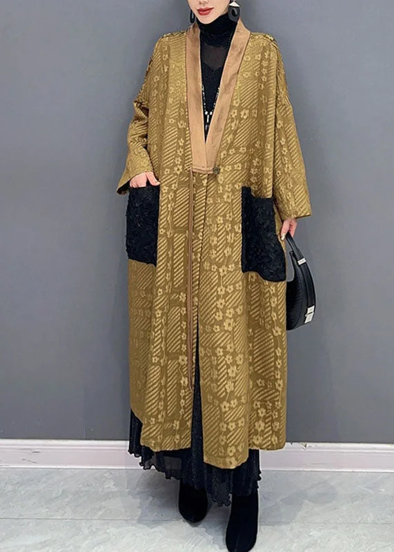 Stylish Jackets Natural Yellow V Neck Print Pockets Long Trench Coats Long sleeve