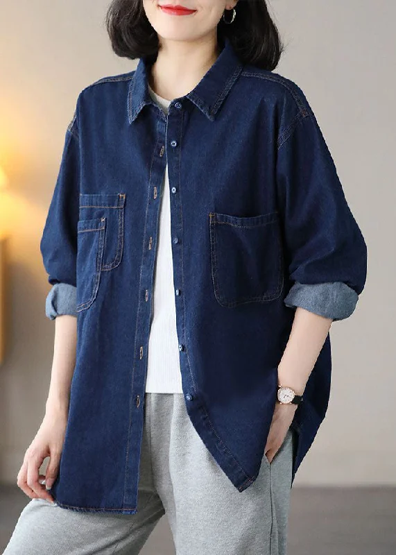 Easygoing Style Navy Cotton Denim Coats Oversized Turn-down Collar Spring