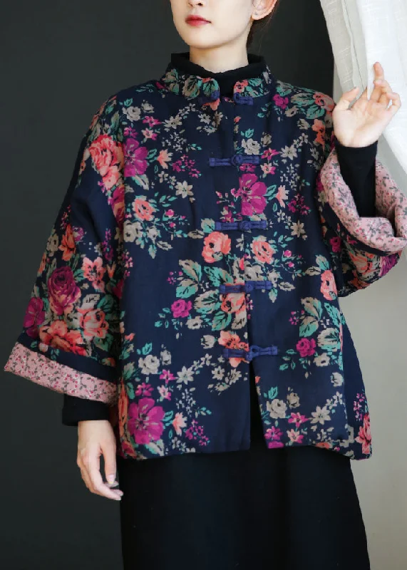 Modern Tailoring Navy Oversized Fine Cotton Filled Coats Pockets Print Winter