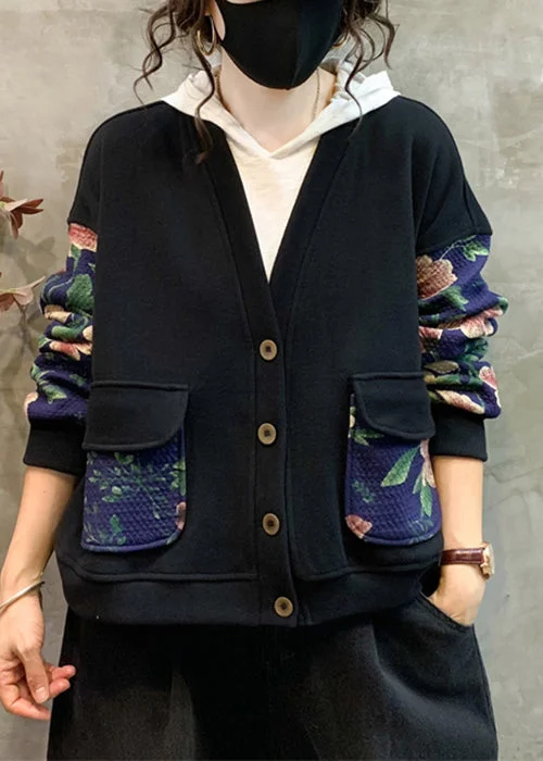 Relaxed Fashion Navy Print Patchwork Warm Fleece Coat V Neck Long Sleeve