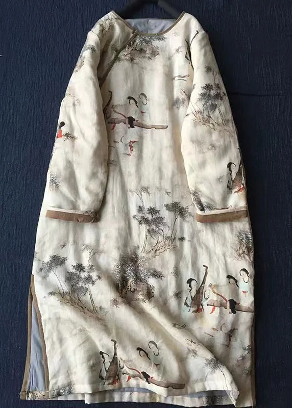 Breezy Style New Apricot Print Side Open Cotton Filled Coat Long Sleeve