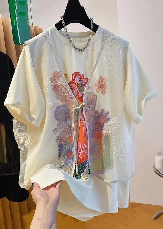 Comfortable down New Beige Tulle Waistcoat And Print T Shirt Two Pieces Set Summer