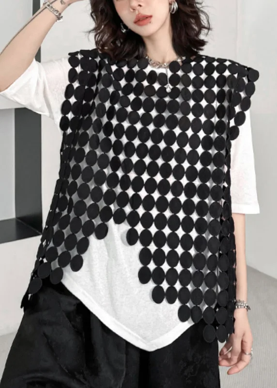Preview New Products New Black Asymmetrical Hollow Out Patchwork Cotton Waistcoat Sleeveless