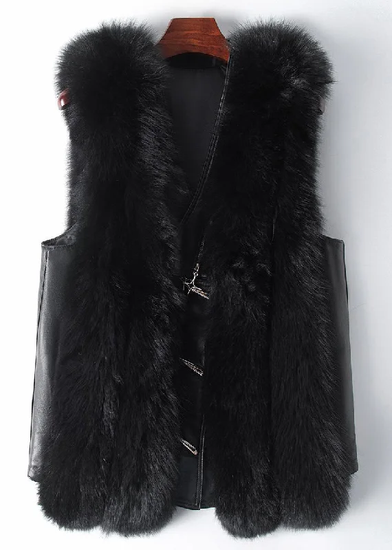 Design Trend New Black Button Patchwork Leather And Fur Waistcoat Sleeveless