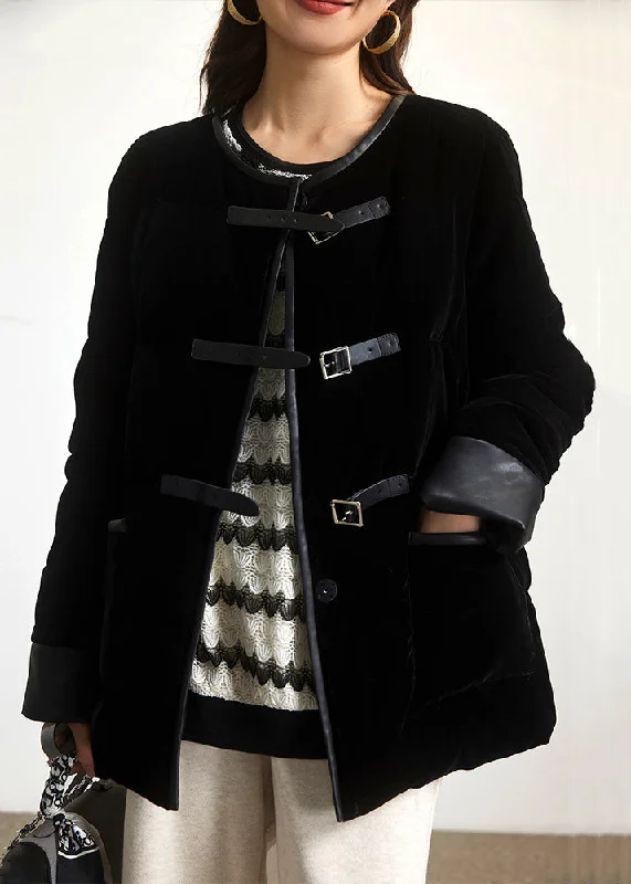 Thin Design New Black Button Pockets Patchwork Duck Down Coats Long Sleeve