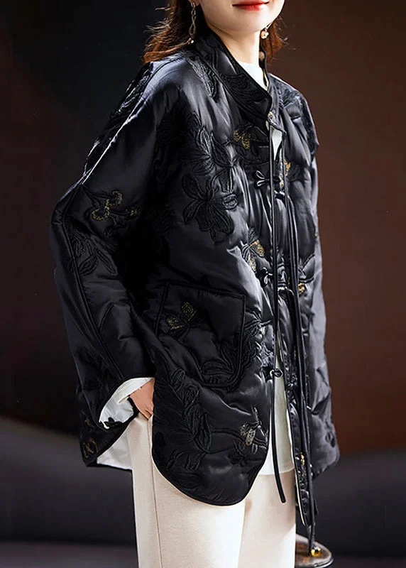 High-end Fabrics New Black Chinese Button Embroideried Cotton Filled Coat Spring