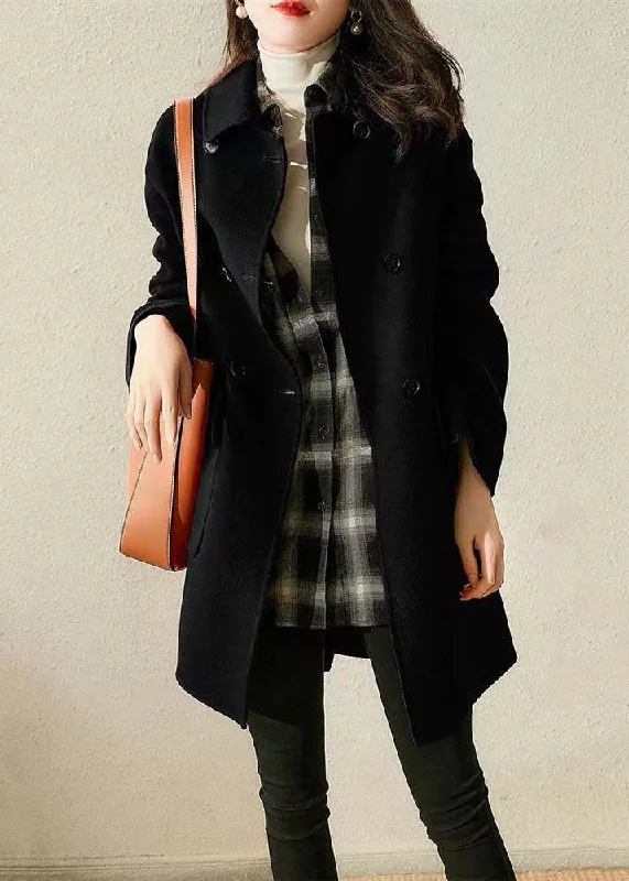 Trendy Items New Black Double Breast Pockets Patchwork Woolen Coat Fall